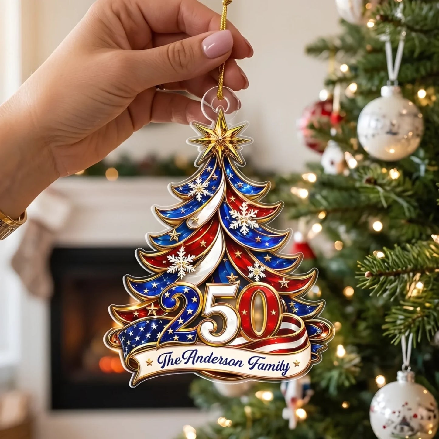 Ornament Patriotic Christmas Tree 250 - Personalized Acrylic Ornament 2d Flat, Custom Family Name America 250th Anniversary Christmas Gift, USA 1776-2026 Keepsake