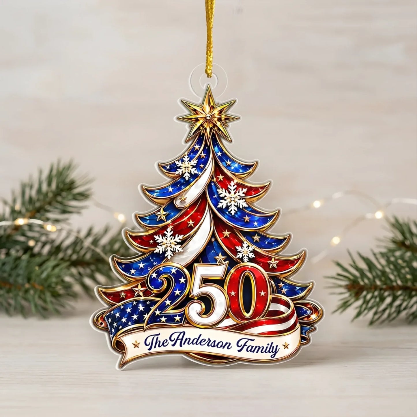 Ornament Patriotic Christmas Tree 250 - Personalized Acrylic Ornament 2d Flat, Custom Family Name America 250th Anniversary Christmas Gift, USA 1776-2026 Keepsake