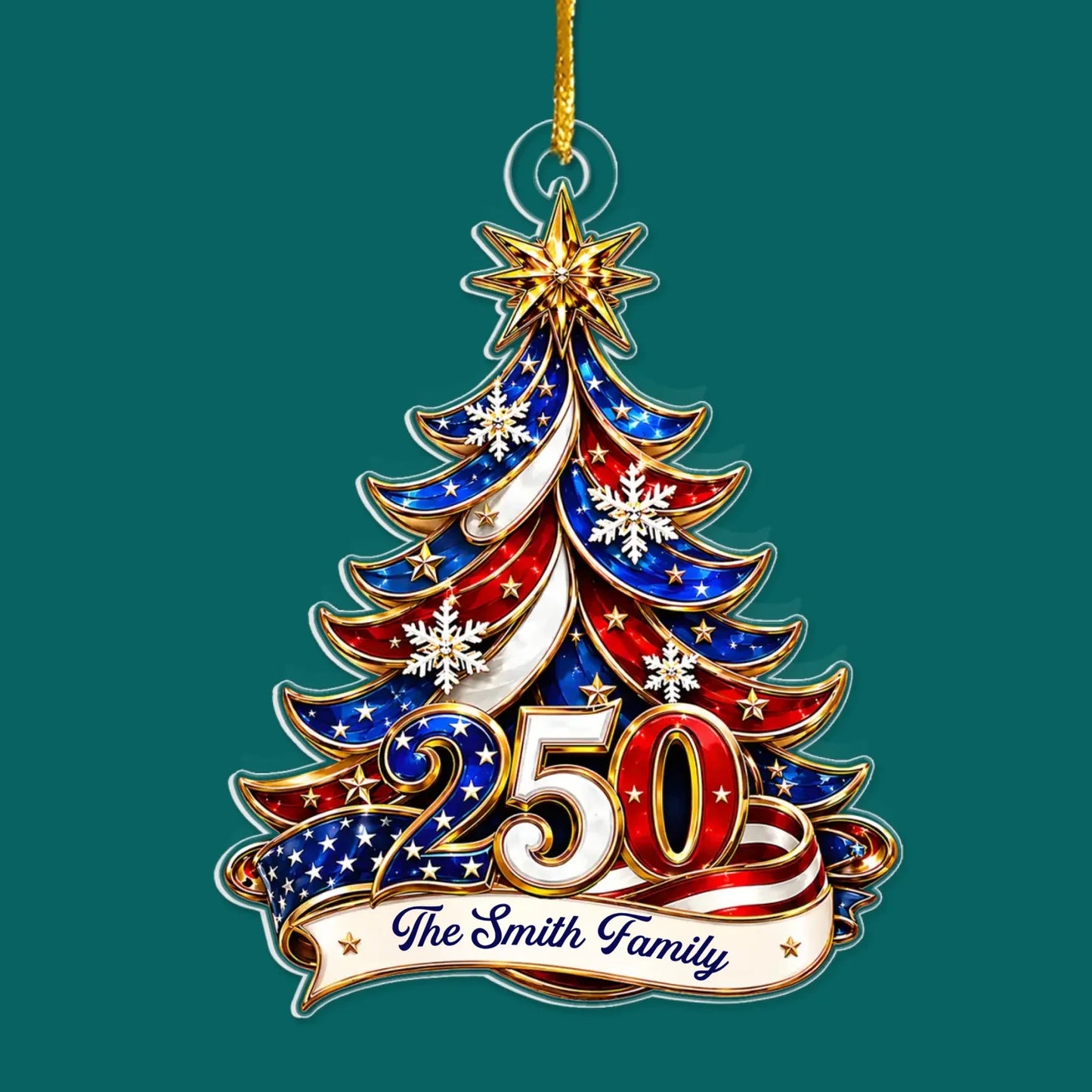 Ornament Patriotic Christmas Tree 250 - Personalized Acrylic Ornament 2d Flat, Custom Family Name America 250th Anniversary Christmas Gift, USA 1776-2026 Keepsake