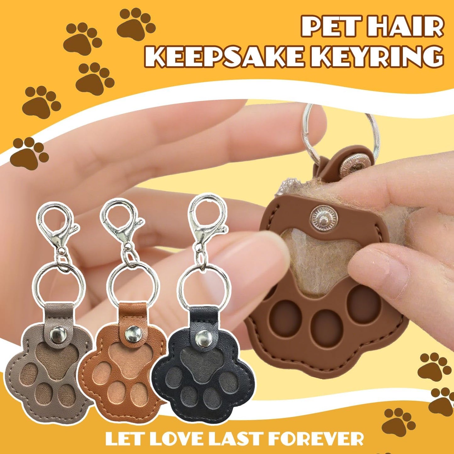 3 Pcs Dog Fur Storage Keychain, Cute Leather Paw Keychain Pet Hair Keepsake Keyring, Unique Memorial Collection Key Chain, Pet Memorial Gifts for Bag Purse Paw Charm Key Holder(Gray,Black,Brown)