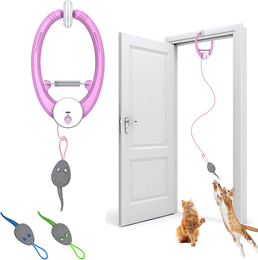 Cat Toy Interactive for Indoor Cats, Smart USB Rechargeable Door Hanging Automatic Retractable Kitten Toys, Teaser Electronic USB Self Play Feather Cat String Toy Attached with 3 Catnip Mice