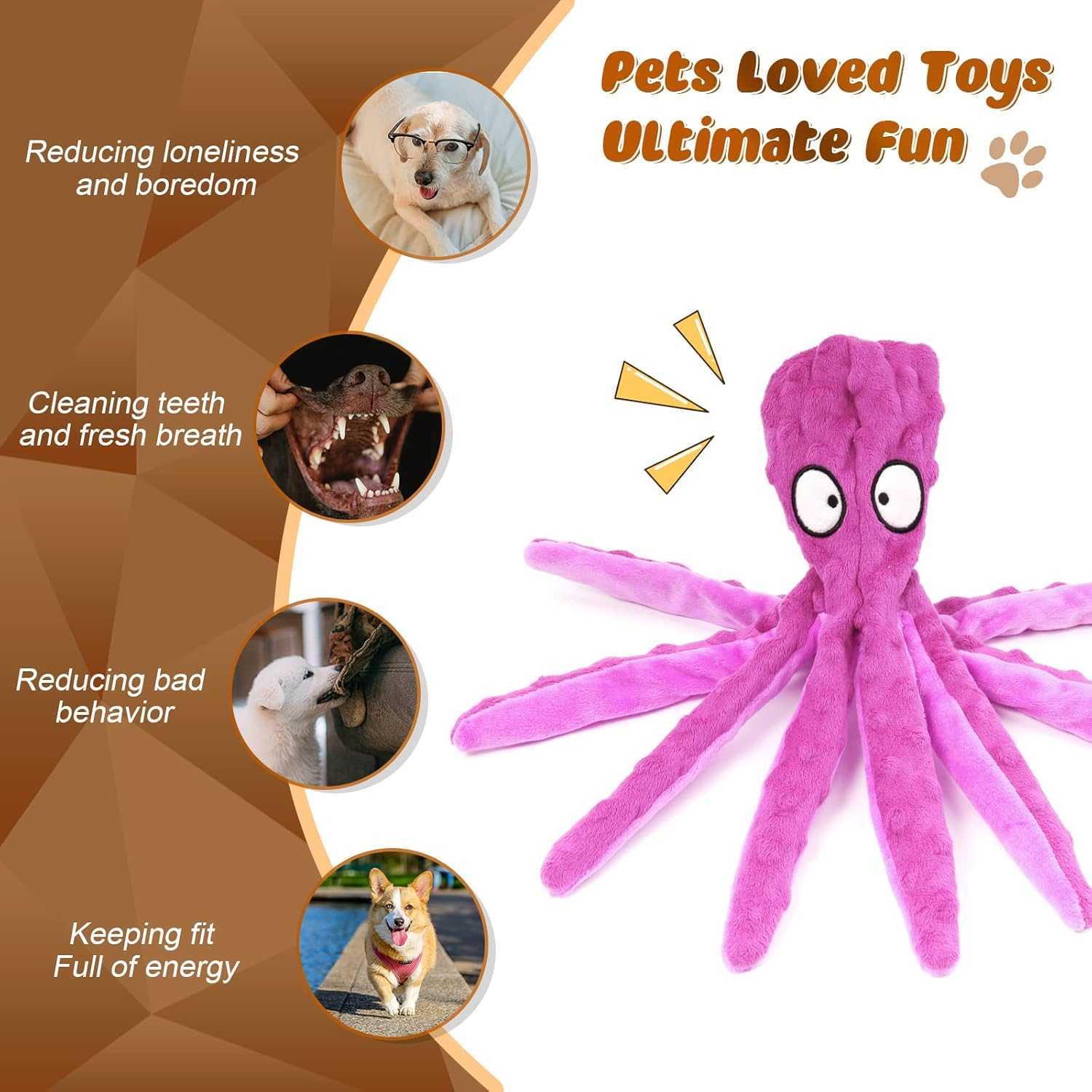 3 Pack Dog Toys for Small Dogs, Medium Dogs, Large Dogs, Puppy Teething Chew Toys, aggressive chewers, No Stuffing Crinkle Plush Dog Toys, Dog Squeaky Octopus Toys
