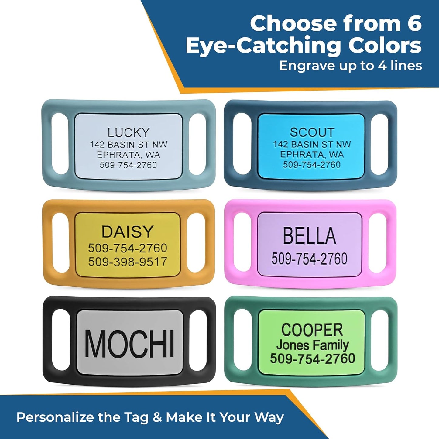 PetTags Silent Dog Tag, Personalized Engraved Silicone and Cat Name Pet ID Tags