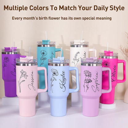 Personalized 40 Oz Tumbler with Handle and Straw, Custom Cup with Name & Birth Flower, Stainless Steel Travel Coffee Tumbler