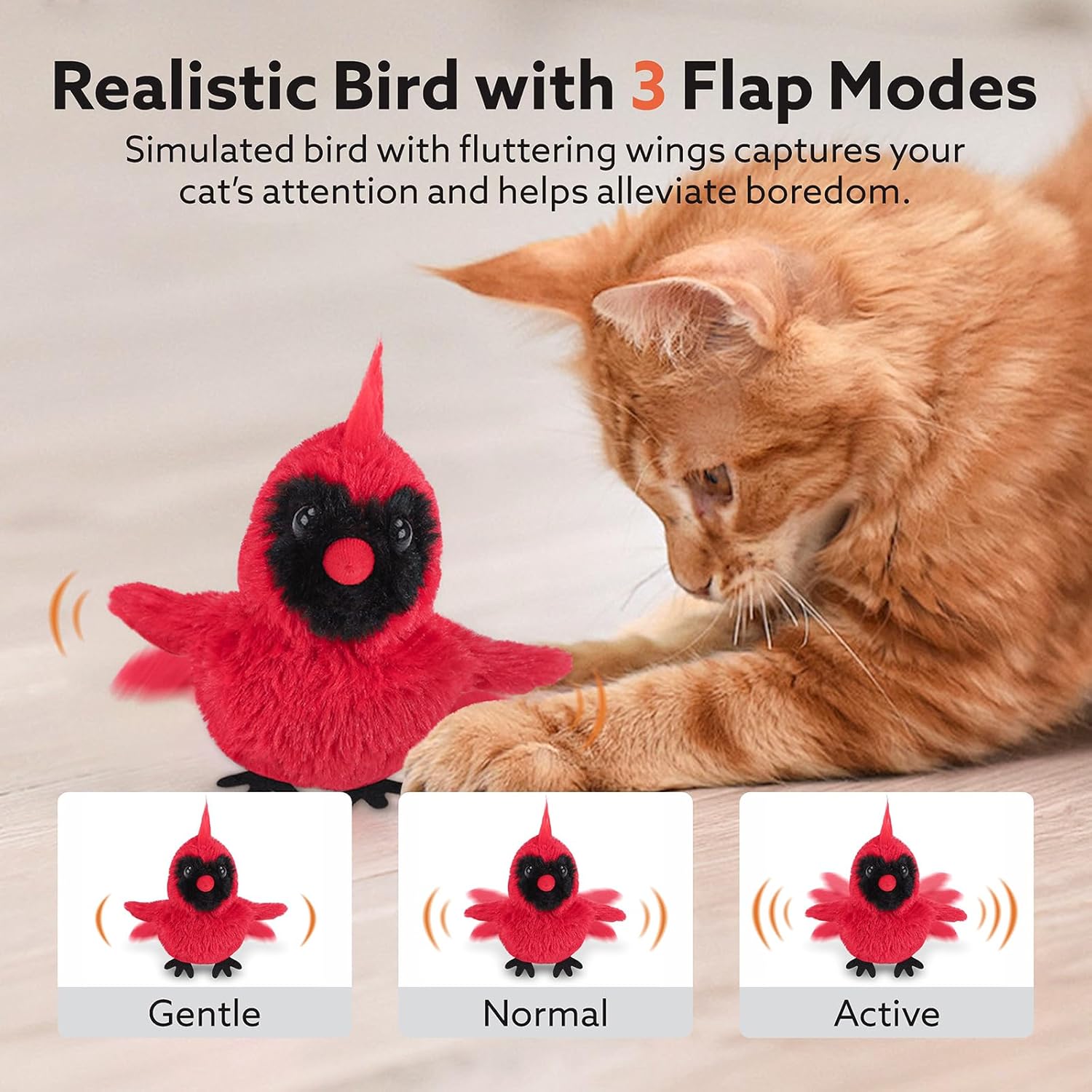 Flapping Cardinal Cat Toys, Interactive Cat Exercise Toy with Lifelike Bird Chirp, USB Rechargeable Automatic Cat Kicker Catnip Toys for Bored Indoor Adult Cats Kittens