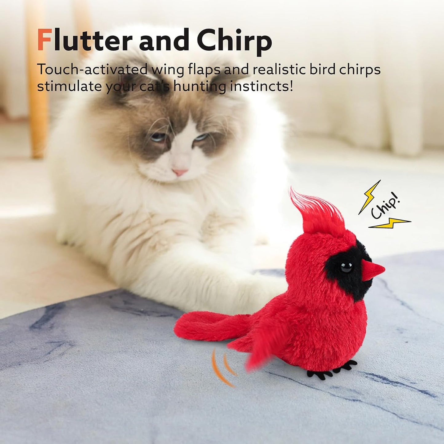 Flapping Cardinal Cat Toys, Interactive Cat Exercise Toy with Lifelike Bird Chirp, USB Rechargeable Automatic Cat Kicker Catnip Toys for Bored Indoor Adult Cats Kittens