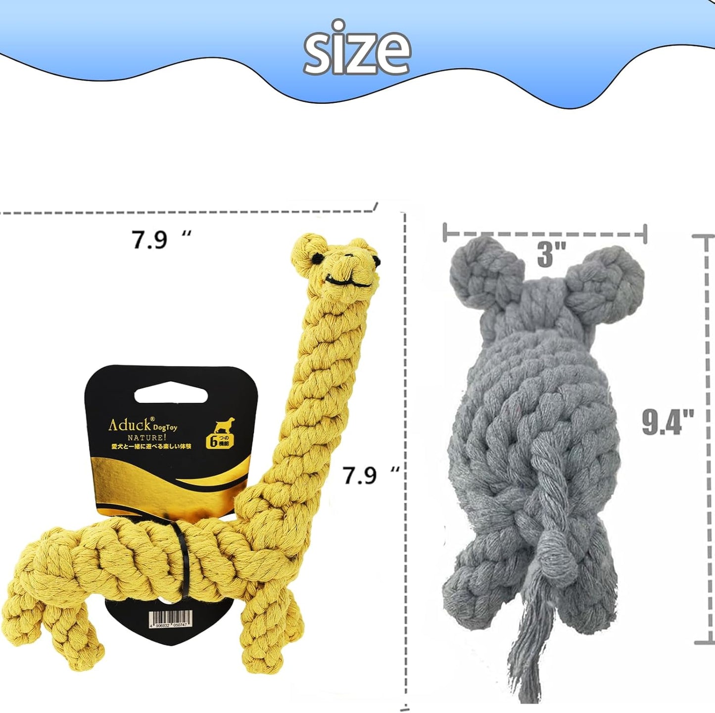 ADUCK Puppy Dog Rope Toy for Teeth Cleaning, Chew-Proof Dental Care & Interactive Training Reward | Durable Cotton Gray Elephant & Yellow Giraffe for Small & Medium Dogs