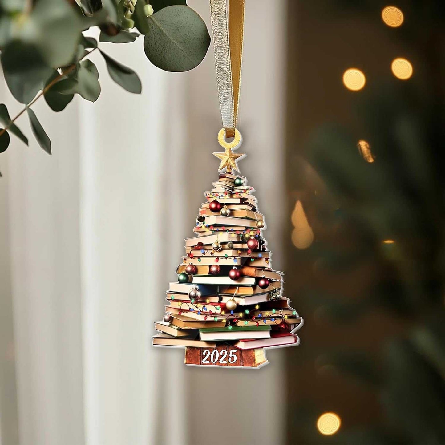 Pack 2 Book Tree Christmas Ornament (1 Wood+1 Acrylic), 2024 Bookworm Christmas Ornaments 2D Flat, Bookshelf Xmas Ornament, Gift for Lover Reading Teacher, Librarian, Book Nerd Friends Keepsake Gifts