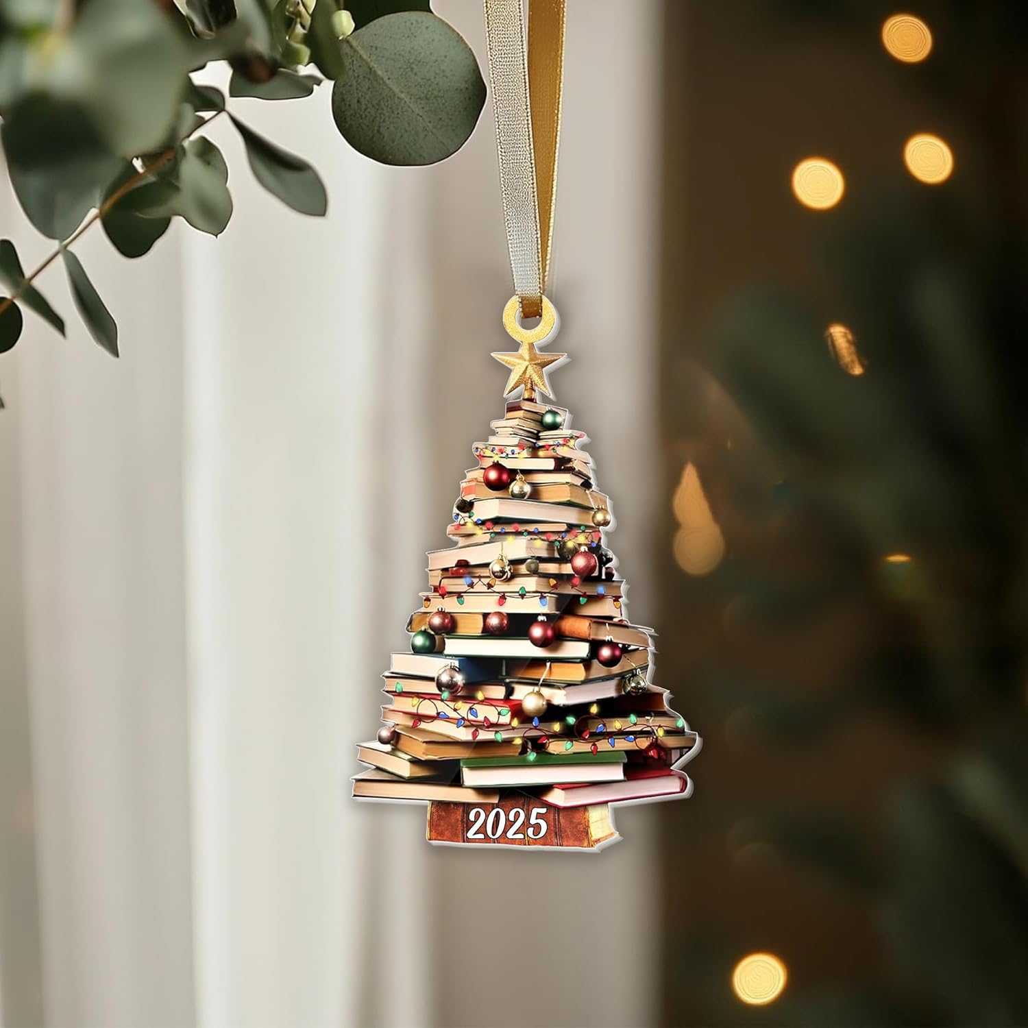 Pack 2 Book Tree Christmas Ornament (1 Wood+1 Acrylic), 2024 Bookworm Christmas Ornaments 2D Flat, Bookshelf Xmas Ornament, Gift for Lover Reading Teacher, Librarian, Book Nerd Friends Keepsake Gifts