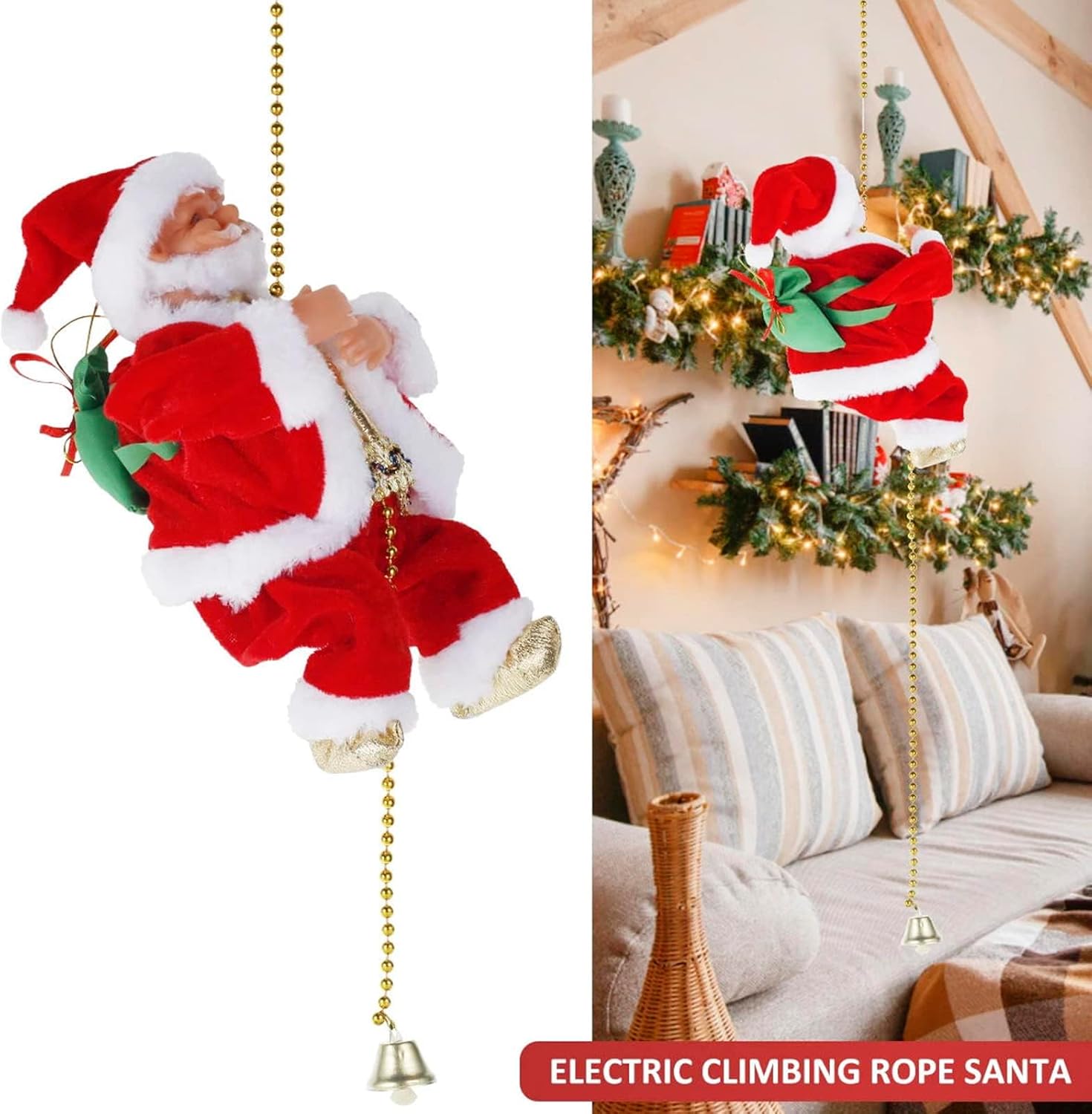 Climbing Santa Claus 9" Christmas Ornament Xmas Decoration Climbs Up and Down Battery Operated Toy with Light Music and Sound Animated Climbing on Beads Musical Moving Figure Xmas Christmas Ornament