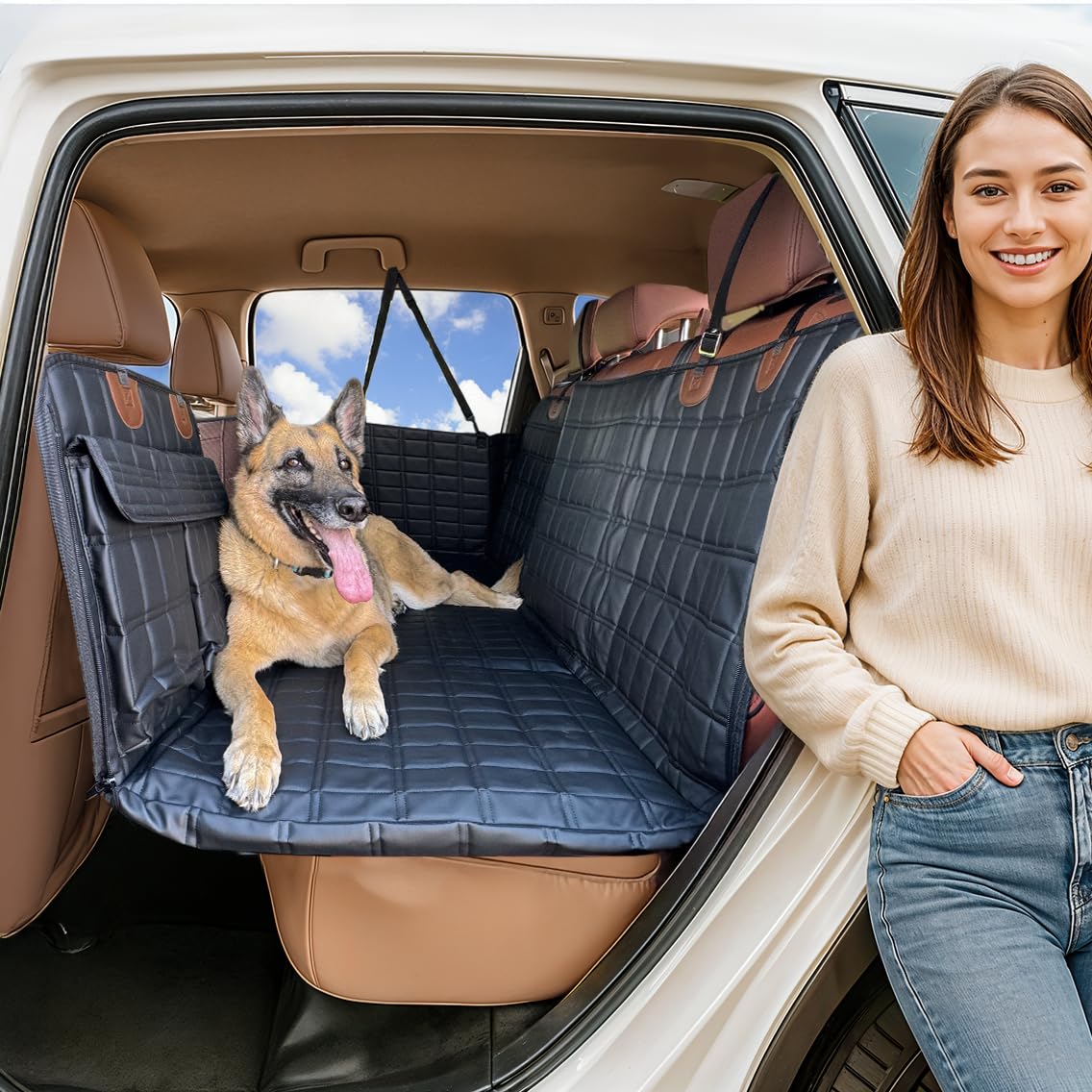 APetsPlanet Dog Car Seat Cover for Back Seat Hard Bottom - Waterproof Backseat Extender for Dogs - Pet Hammock for Car, Truck, SUV - Protector Bed with Mesh Window & Storage - Black, with Door Covers