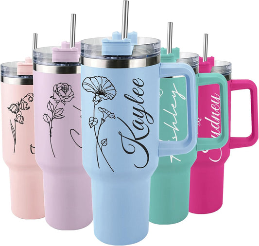 Personalized 40 Oz Tumbler with Handle and Straw, Custom Cup with Name & Birth Flower, Stainless Steel Travel Coffee Tumbler