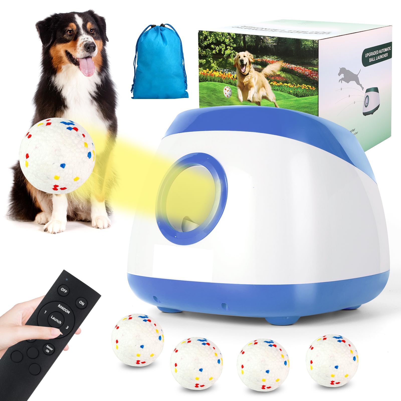 Automatic Ball Launcher for Dogs, Dog Ball Thrower with 40-60-80Ft Distance, Rechargeable Automatic Launcher with 4 Balls (2.5"), Remote Control Launcher for Medium & Large