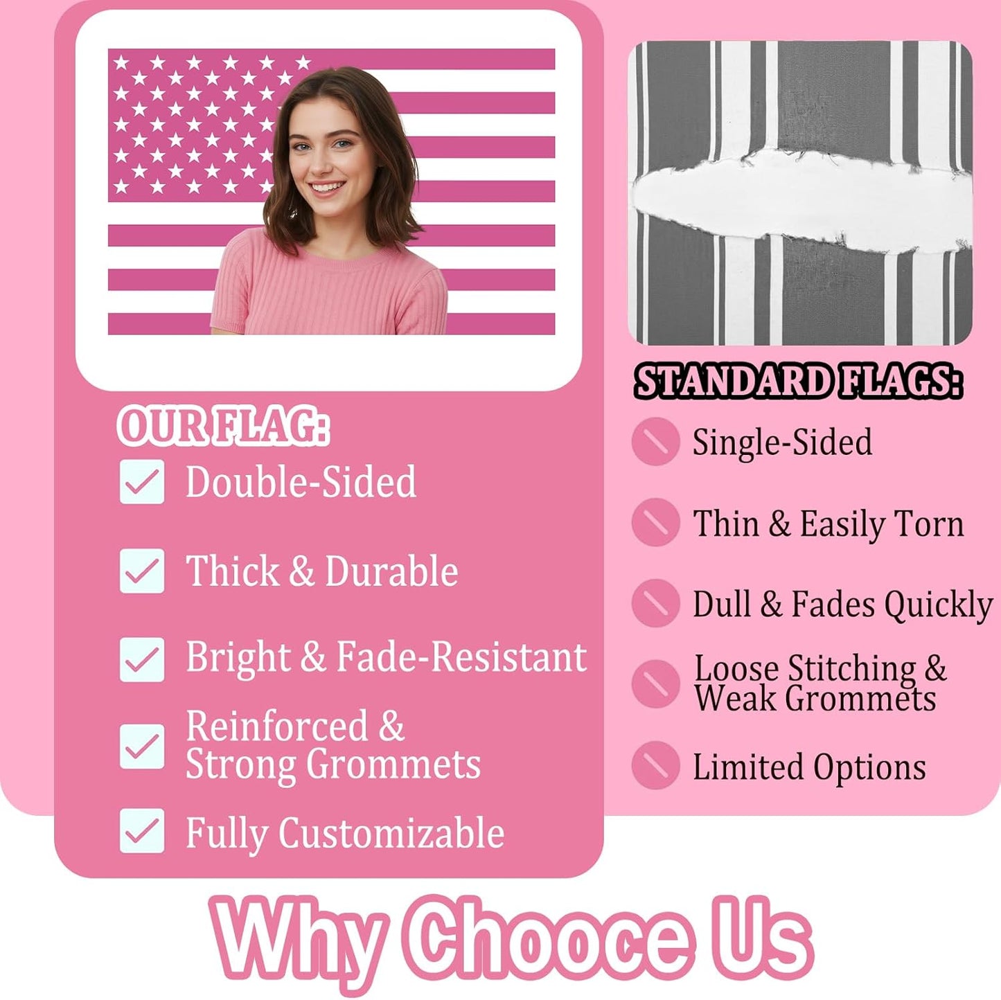 Custom Pink American Flag 3x5 ft with Personalized Image, Decorative Flag for Bedrooms, Living Rooms, Dormitories, Events and Wall Display