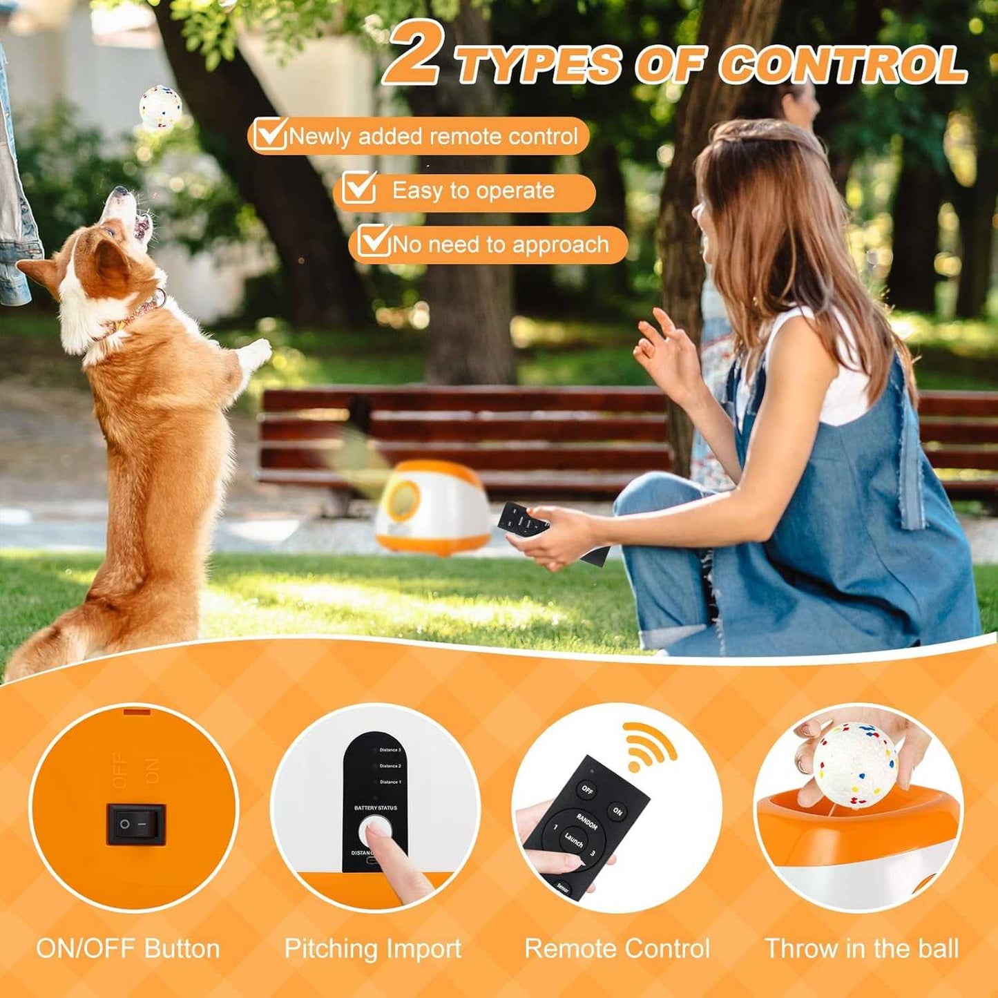 Automatic Ball Launcher for Dogs, Dog Ball Thrower with 40-60-80Ft Distance, Rechargeable Automatic Launcher with 4 Balls (2.5"), Remote Control Launcher for Medium & Large