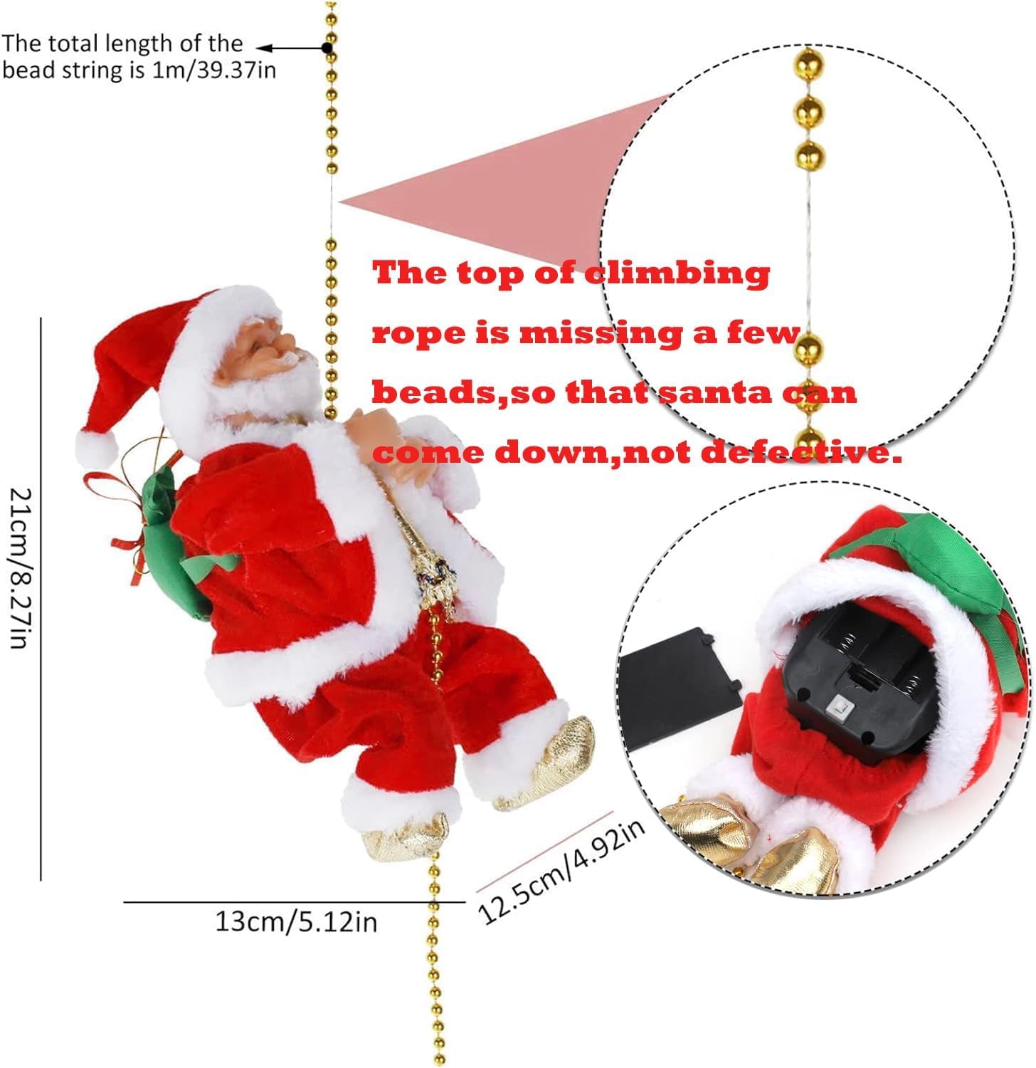Climbing Santa Claus 9" Christmas Ornament Xmas Decoration Climbs Up and Down Battery Operated Toy with Light Music and Sound Animated Climbing on Beads Musical Moving Figure Xmas Christmas Ornament