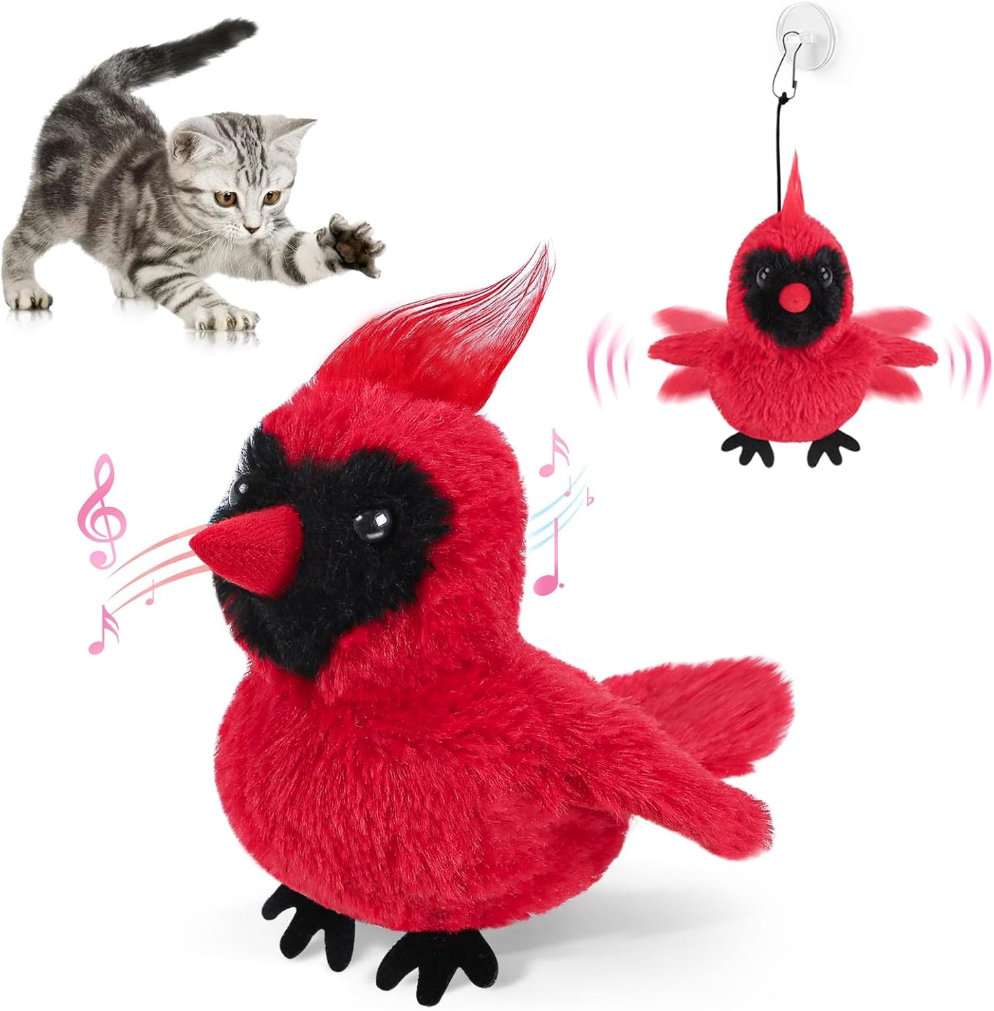 Flapping Cardinal Cat Toys, Interactive Cat Exercise Toy with Lifelike Bird Chirp, USB Rechargeable Automatic Cat Kicker Catnip Toys for Bored Indoor Adult Cats Kittens