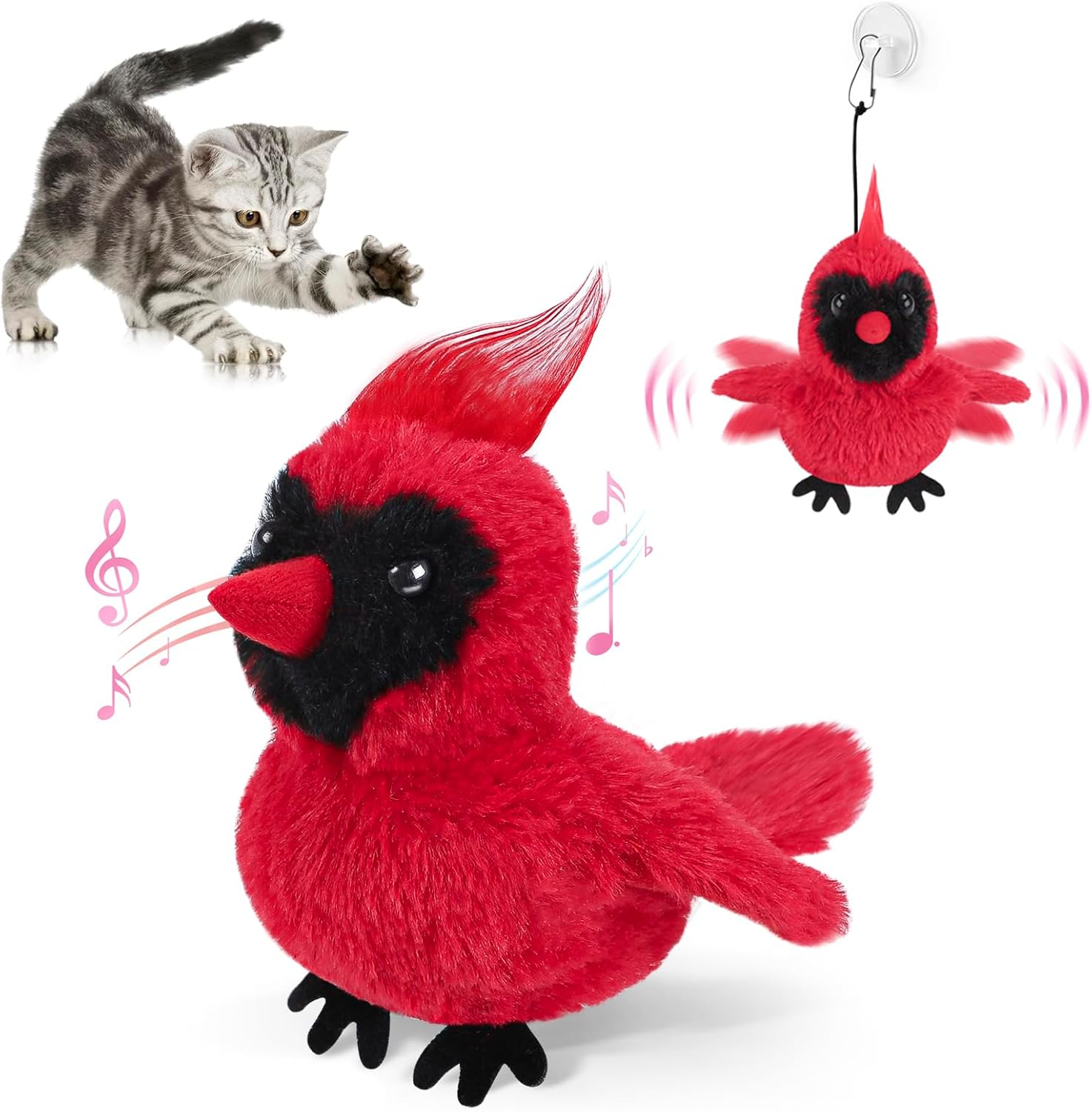Flapping Cardinal Cat Toys, Interactive Cat Exercise Toy with Lifelike Bird Chirp, USB Rechargeable Automatic Cat Kicker Catnip Toys for Bored Indoor Adult Cats Kittens