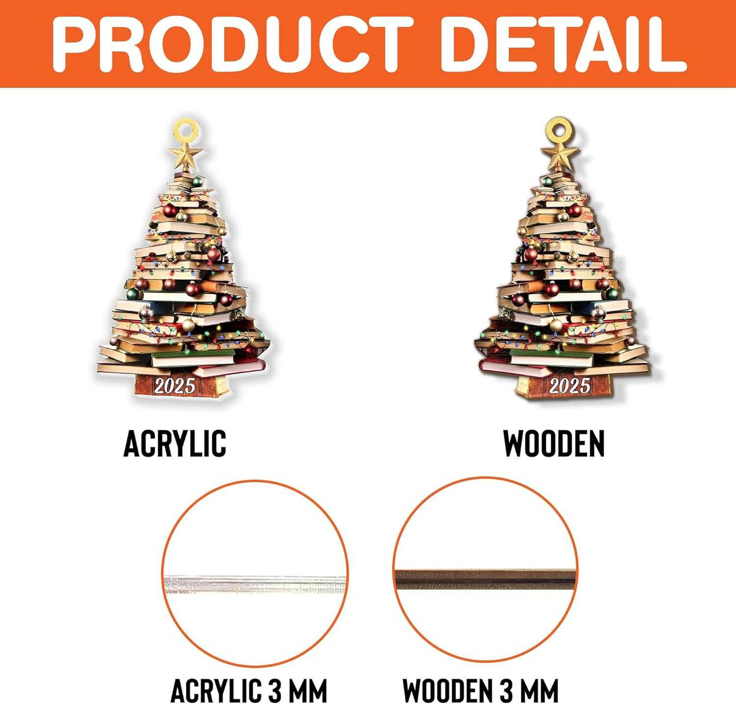 Pack 2 Book Tree Christmas Ornament (1 Wood+1 Acrylic), 2024 Bookworm Christmas Ornaments 2D Flat, Bookshelf Xmas Ornament, Gift for Lover Reading Teacher, Librarian, Book Nerd Friends Keepsake Gifts