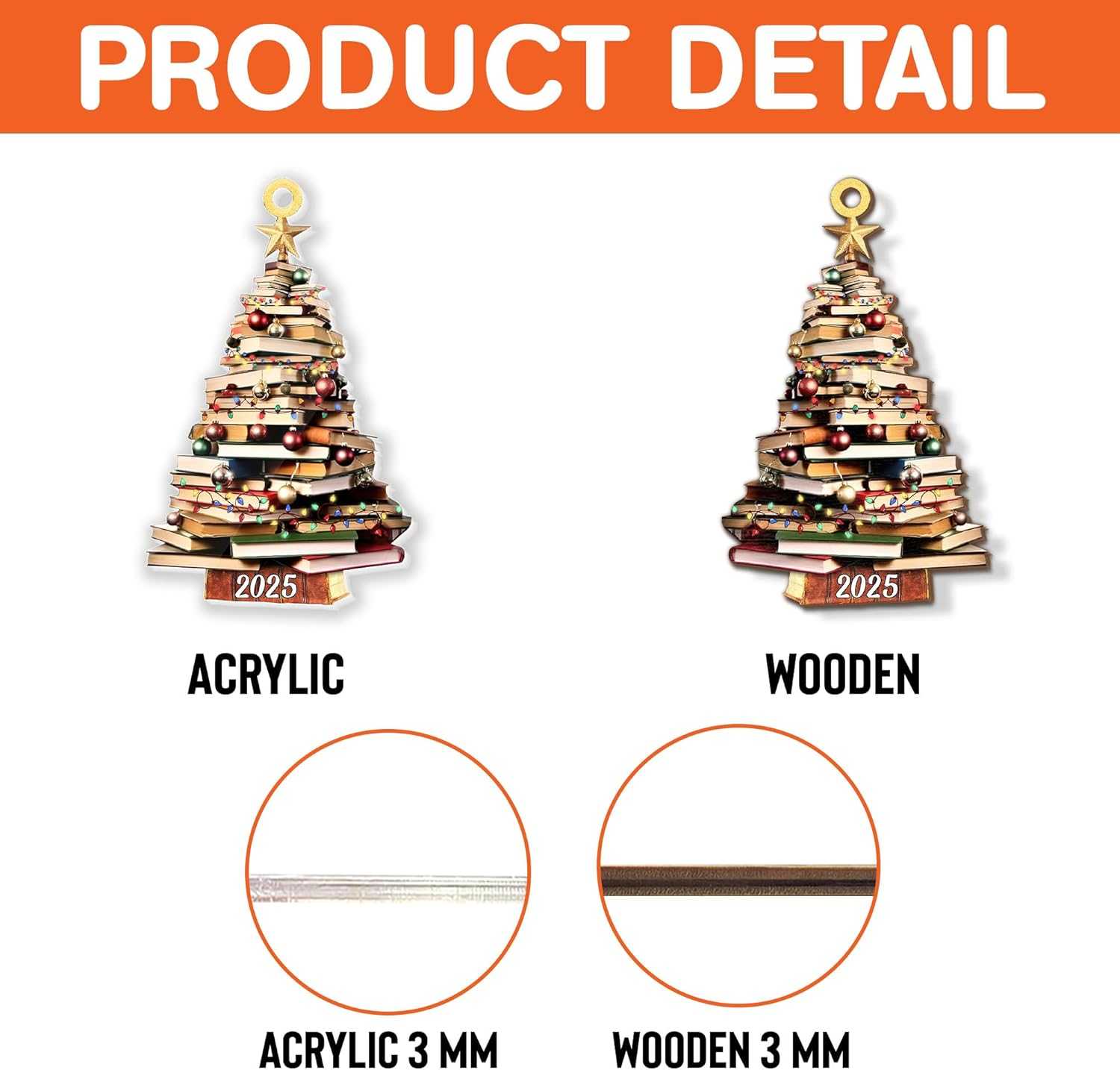 Pack 2 Book Tree Christmas Ornament (1 Wood+1 Acrylic), 2024 Bookworm Christmas Ornaments 2D Flat, Bookshelf Xmas Ornament, Gift for Lover Reading Teacher, Librarian, Book Nerd Friends Keepsake Gifts