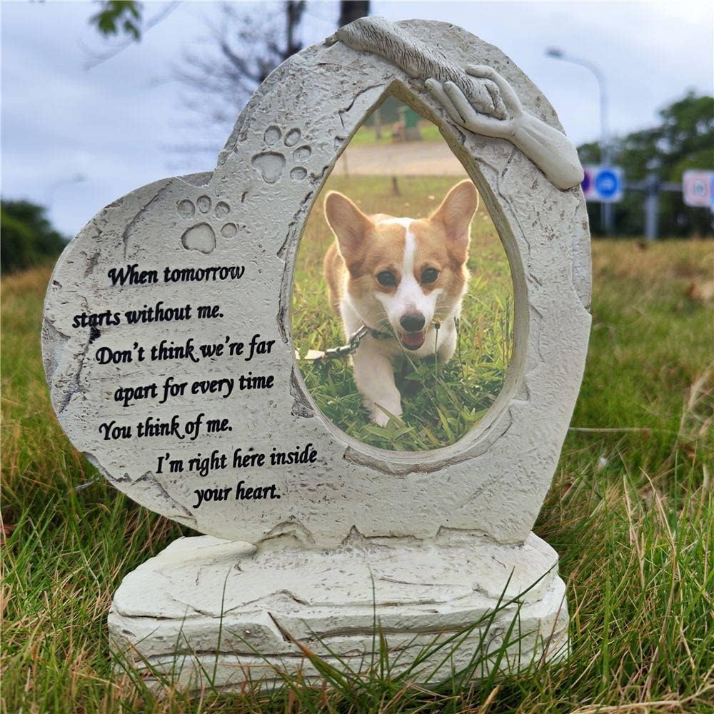 Heart Shaped Pet Dog Memorial Stones with Photo Frame, Pet Dog HeadStones Grave Markers, Loss of Pet Dog Sympathy Gifts Memorial Gifts Passing Away Gifts Outdoor or Indoor
