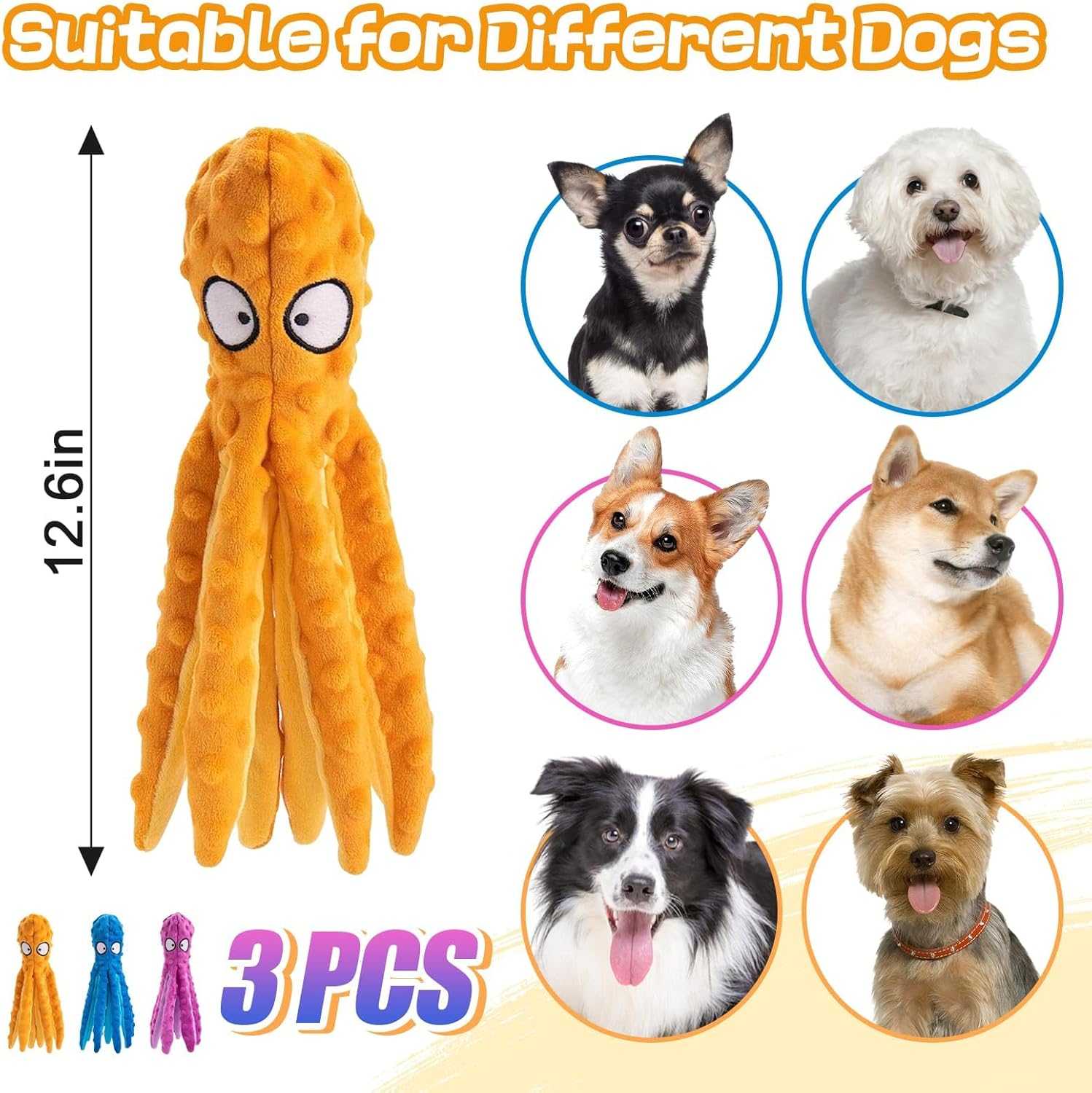 Alphatool Squeaky Dog Toys - 3pcs Soft Plush Chew Crinkle Puppy Toys to Keep Them Busy, Octopus No Stuffing Interactive Essentials for Teething Small Medium Pets Dogs Gifts