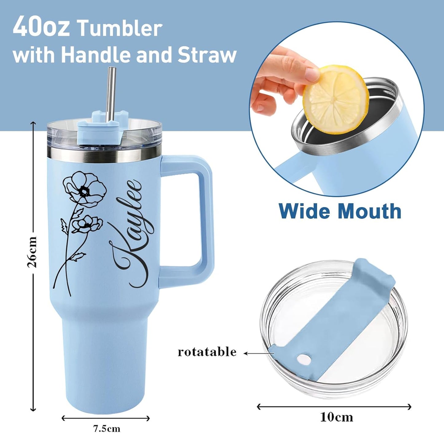 Personalized 40 Oz Tumbler with Handle and Straw, Custom Cup with Name & Birth Flower, Stainless Steel Travel Coffee Tumbler