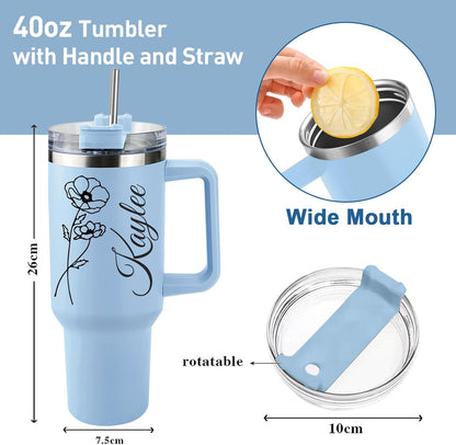 Personalized 40 Oz Tumbler with Handle and Straw, Custom Cup with Name & Birth Flower, Stainless Steel Travel Coffee Tumbler
