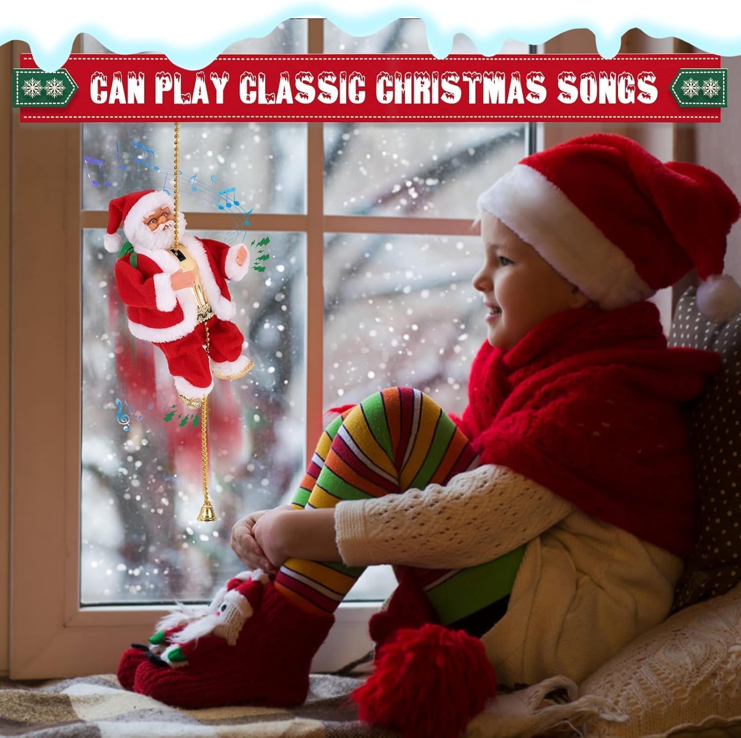 Climbing Santa Claus 9" Christmas Ornament Xmas Decoration Climbs Up and Down Battery Operated Toy with Light Music and Sound Animated Climbing on Beads Musical Moving Figure Xmas Christmas Ornament