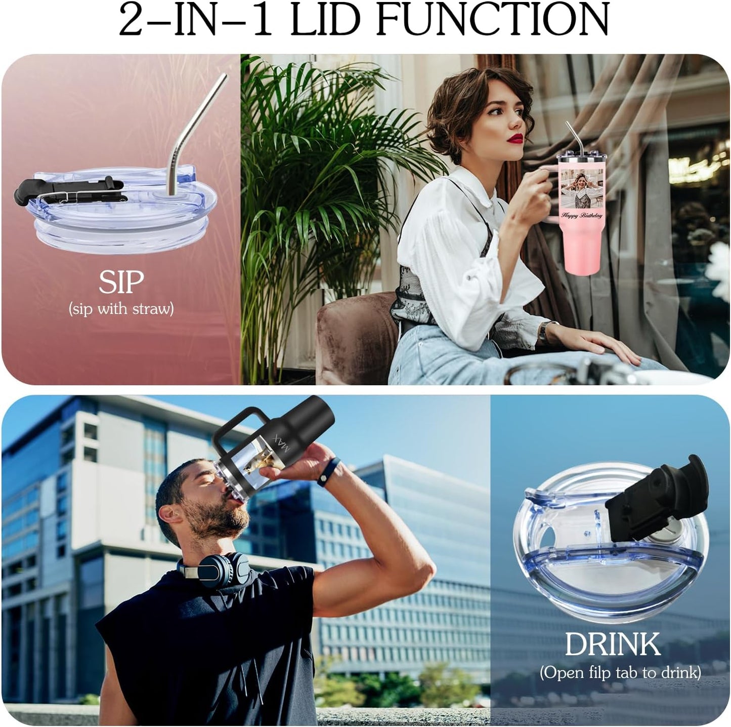 Personalized 40 oz Tumbler with Handle and Straw, Custom Tumbler with Picture, Logo, Text, Stainless Steel Travel Coffee Mug Cup