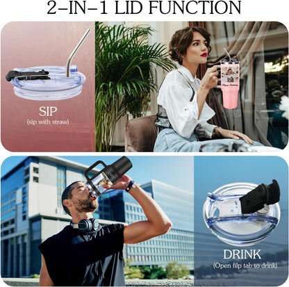 Personalized 40 oz Tumbler with Handle and Straw, Custom Tumbler with Picture, Logo, Text, Stainless Steel Travel Coffee Mug Cup