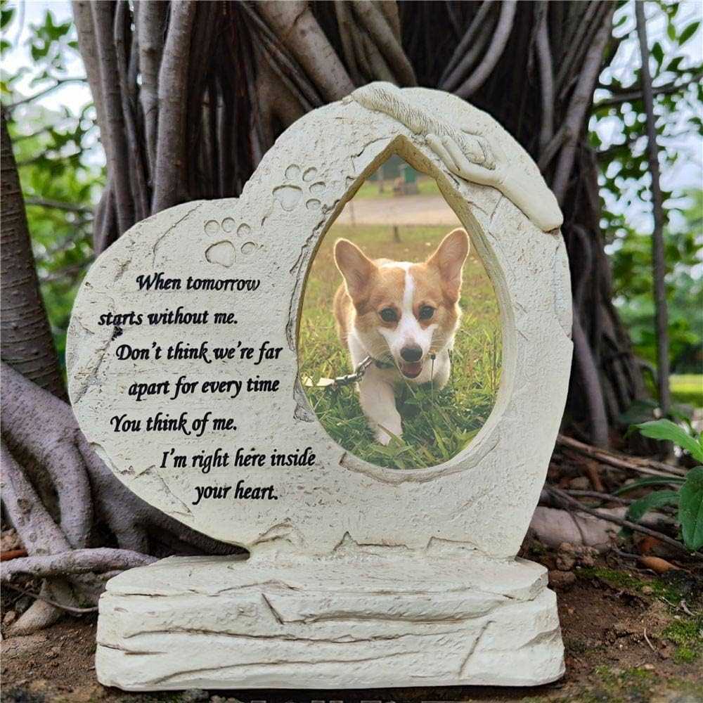 Heart Shaped Pet Dog Memorial Stones with Photo Frame, Pet Dog HeadStones Grave Markers, Loss of Pet Dog Sympathy Gifts Memorial Gifts Passing Away Gifts Outdoor or Indoor