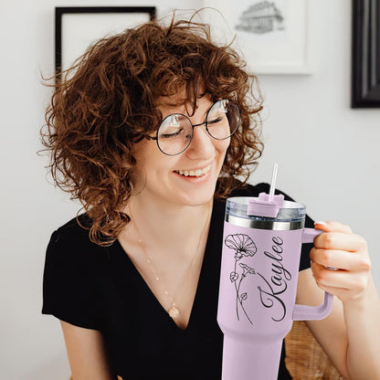 Personalized 40 Oz Tumbler with Handle and Straw, Custom Cup with Name & Birth Flower, Stainless Steel Travel Coffee Tumbler