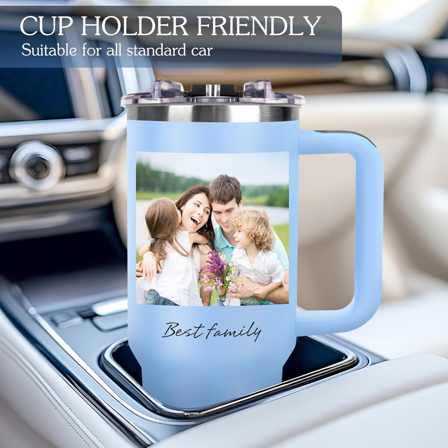 Personalized 40 oz Tumbler with Handle and Straw, Custom Tumbler with Picture, Logo, Text, Stainless Steel Travel Coffee Mug Cup