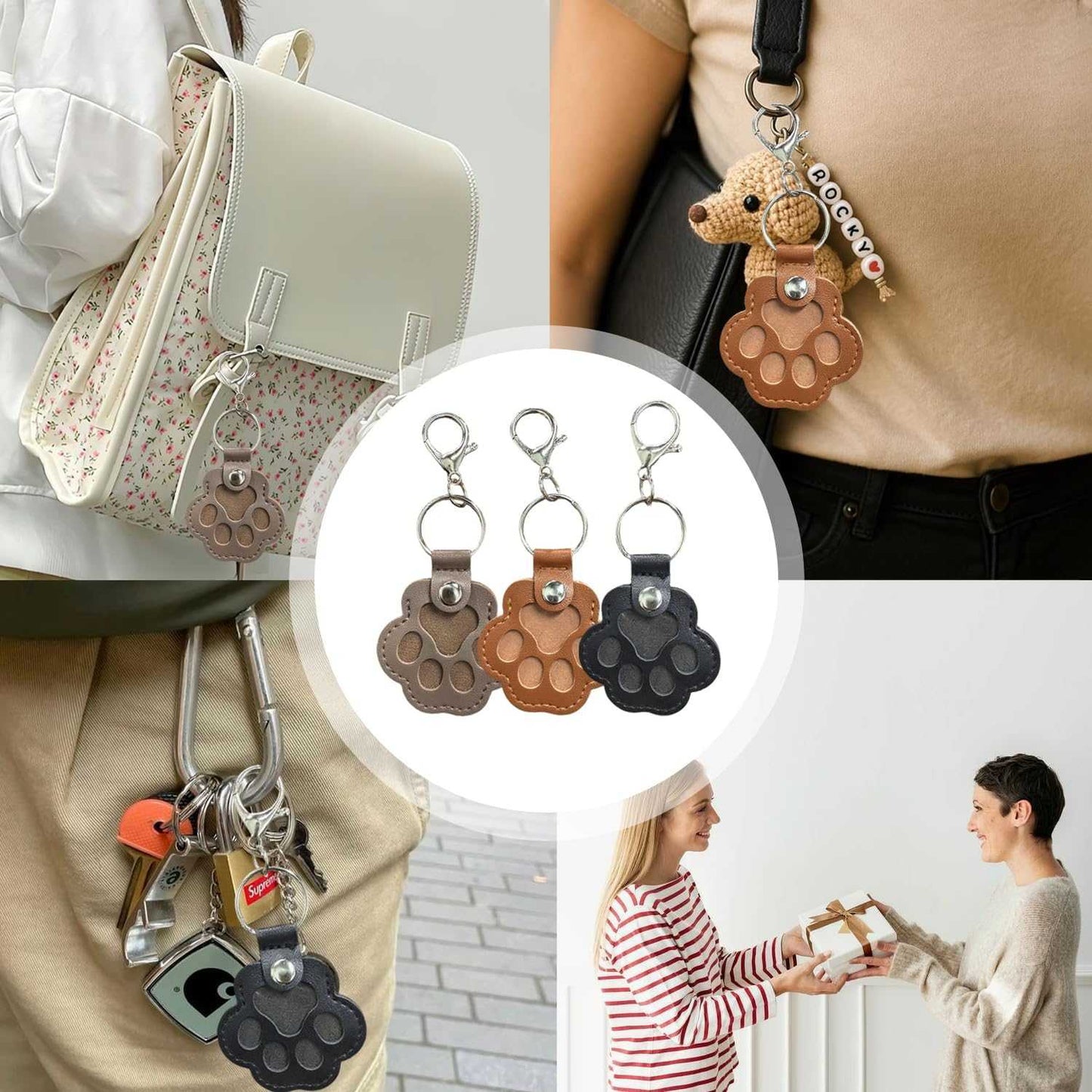 3 Pcs Dog Fur Storage Keychain, Cute Leather Paw Keychain Pet Hair Keepsake Keyring, Unique Memorial Collection Key Chain, Pet Memorial Gifts for Bag Purse Paw Charm Key Holder(Gray,Black,Brown)