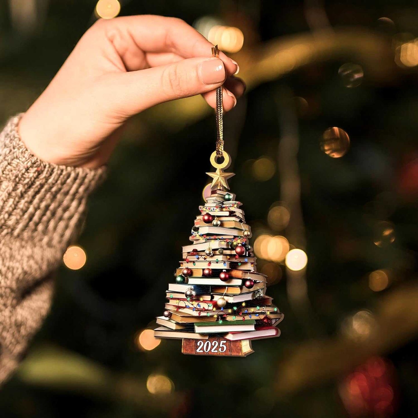 Pack 2 Book Tree Christmas Ornament (1 Wood+1 Acrylic), 2024 Bookworm Christmas Ornaments 2D Flat, Bookshelf Xmas Ornament, Gift for Lover Reading Teacher, Librarian, Book Nerd Friends Keepsake Gifts