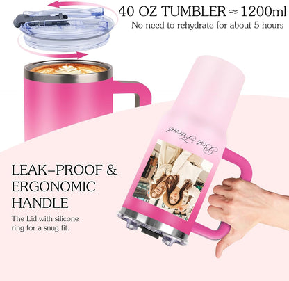 Personalized 40 oz Tumbler with Handle and Straw, Custom Tumbler with Picture, Logo, Text, Stainless Steel Travel Coffee Mug Cup