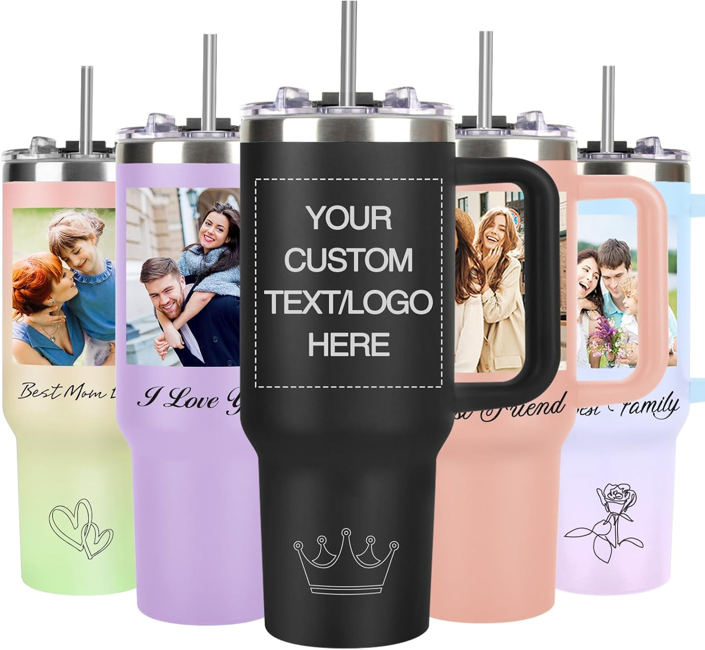 Personalized 40 oz Tumbler with Handle and Straw, Custom Tumbler with Picture, Logo, Text, Stainless Steel Travel Coffee Mug Cup