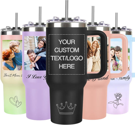Personalized 40 oz Tumbler with Handle and Straw, Custom Tumbler with Picture, Logo, Text, Stainless Steel Travel Coffee Mug Cup