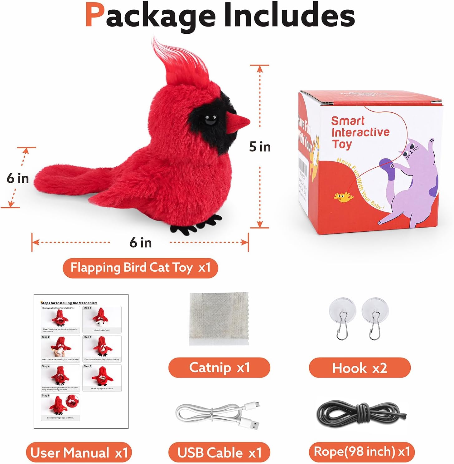 Flapping Cardinal Cat Toys, Interactive Cat Exercise Toy with Lifelike Bird Chirp, USB Rechargeable Automatic Cat Kicker Catnip Toys for Bored Indoor Adult Cats Kittens