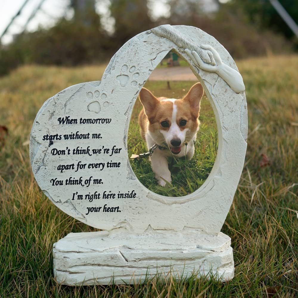 Heart Shaped Pet Dog Memorial Stones with Photo Frame, Pet Dog HeadStones Grave Markers, Loss of Pet Dog Sympathy Gifts Memorial Gifts Passing Away Gifts Outdoor or Indoor