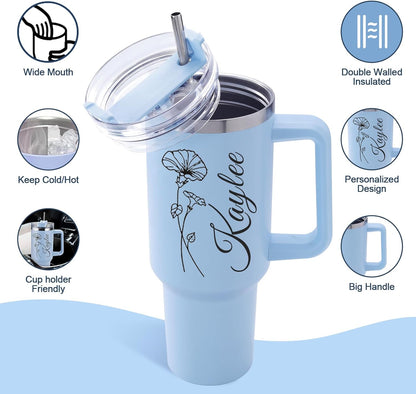 Personalized 40 Oz Tumbler with Handle and Straw, Custom Cup with Name & Birth Flower, Stainless Steel Travel Coffee Tumbler