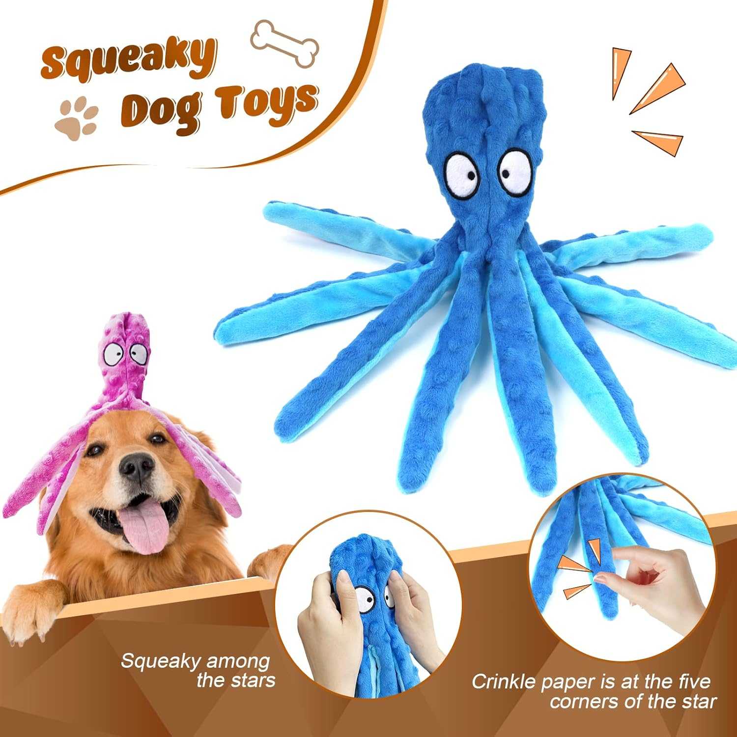 3 Pack Dog Toys for Small Dogs, Medium Dogs, Large Dogs, Puppy Teething Chew Toys, aggressive chewers, No Stuffing Crinkle Plush Dog Toys, Dog Squeaky Octopus Toys