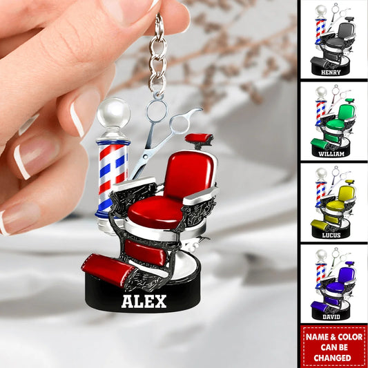 Personalized Barber Chair 3D Effect Keychain, Custom Name Barber Acrylic Keyring, Hair Stylist Barbershop Gift for Barber Men Women