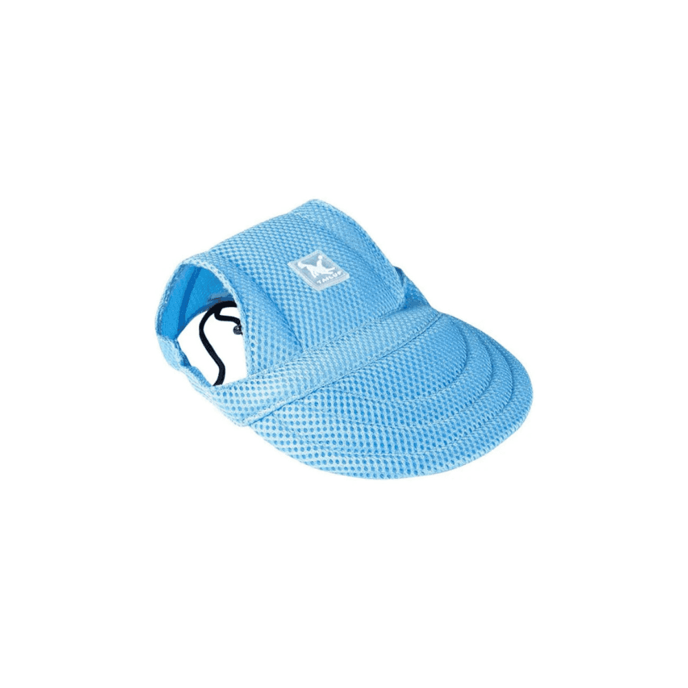 Blue Mesh Pet Sun Hat with open ear design and breathable material. Ideal for keeping pets cool and shaded outdoors.