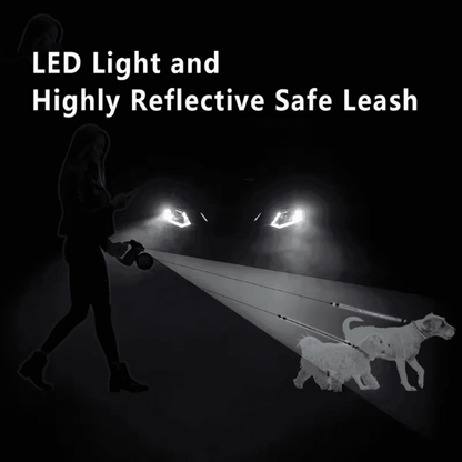 Dual Dog Leash with LED Light - Tangle-Free Swivel shown in use at night with reflective leash and LED light for safety.