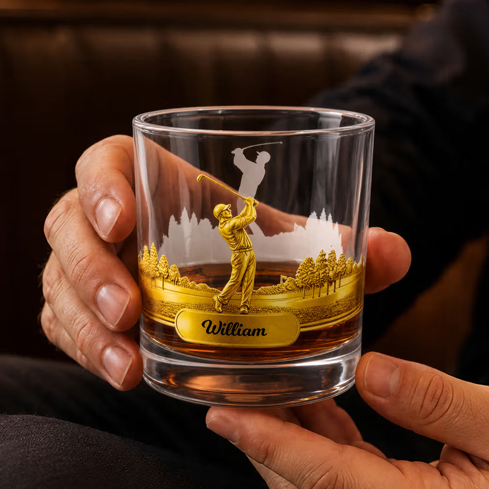 Personalised Golf Swing Character Name 10 oz Rock Old Fashioned Whisky Glass Father's Day Birthday Gift for Man Golf Lover