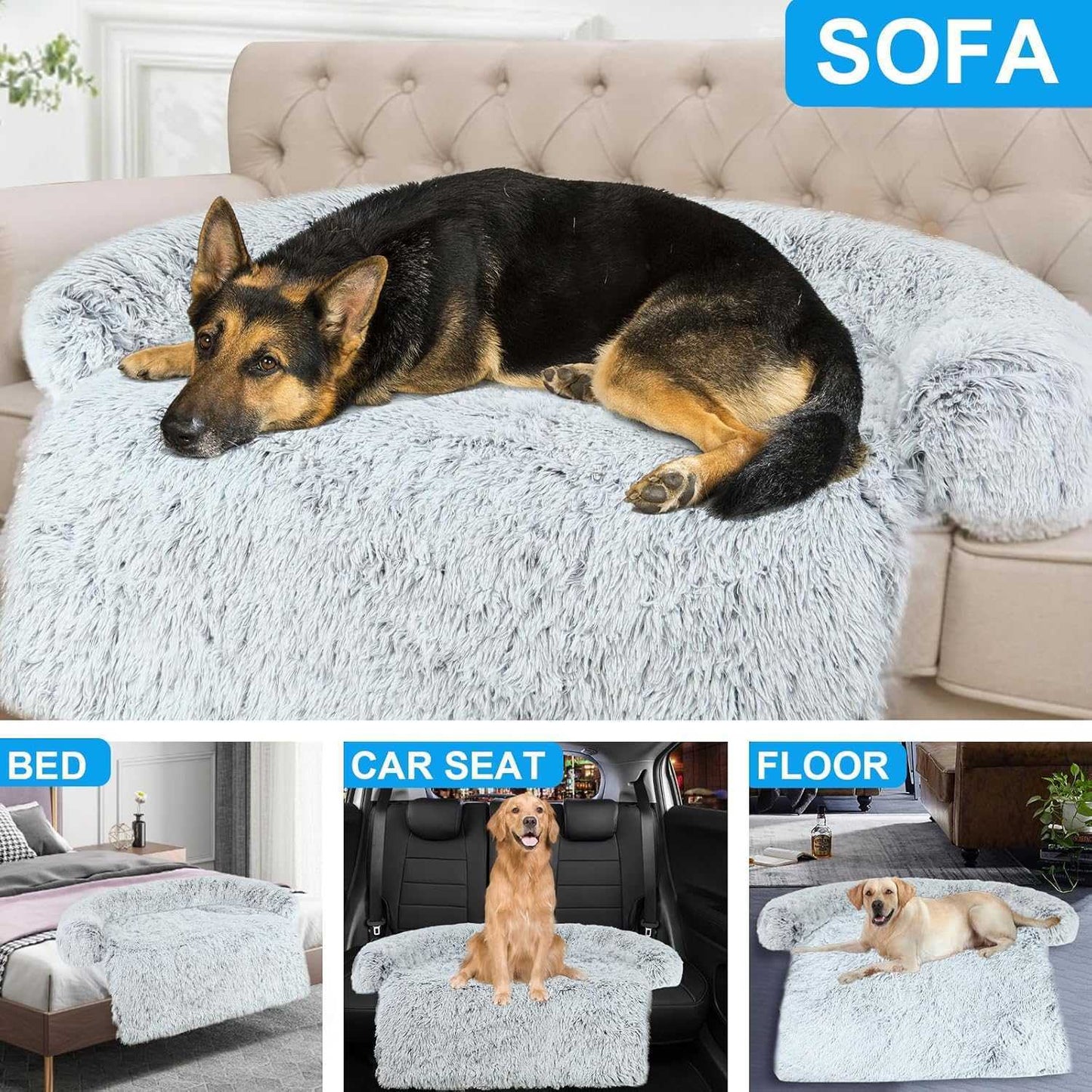 Luxurious Dog Couch Bed Protector for Dogs Memory Foam, Removable Fluffy Plush Pet Couch Cover for Dogs Washable, Calming Dog Sofa Beds, Waterproof Couch Protector, Pet Beds Mats for Couch(L)