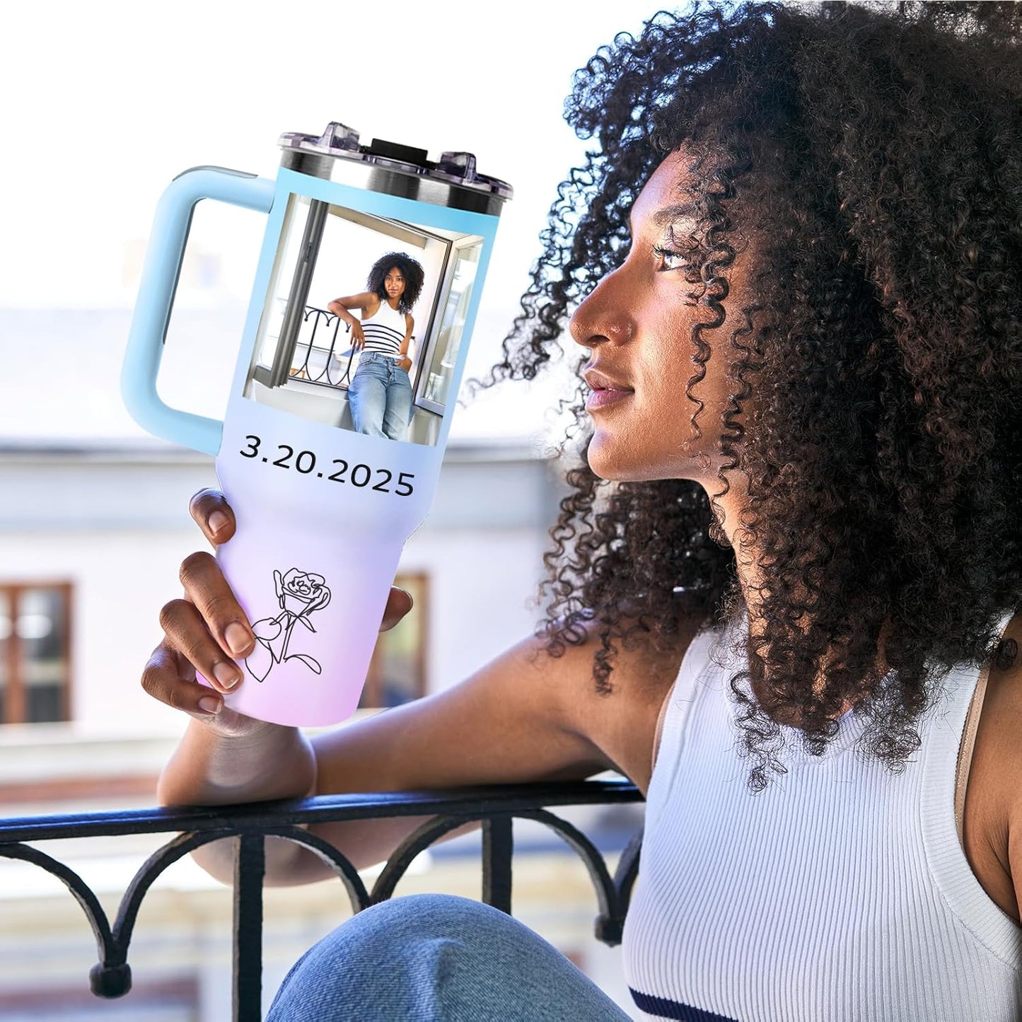 Personalized 40 oz Tumbler with Handle and Straw, Custom Tumbler with Picture, Logo, Text, Stainless Steel Travel Coffee Mug Cup