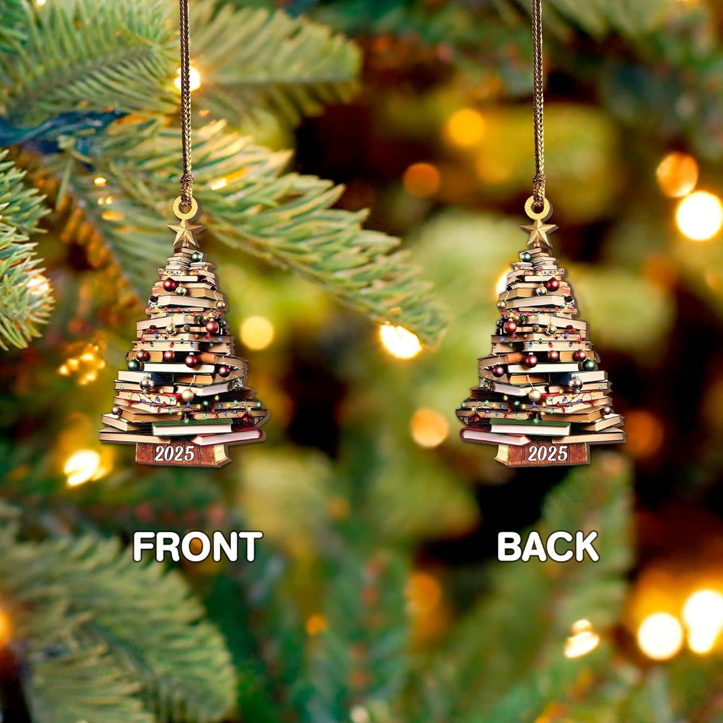 Pack 2 Book Tree Christmas Ornament (1 Wood+1 Acrylic), 2024 Bookworm Christmas Ornaments 2D Flat, Bookshelf Xmas Ornament, Gift for Lover Reading Teacher, Librarian, Book Nerd Friends Keepsake Gifts